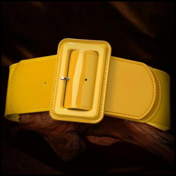 Faux Leather Wide Stretch Belt with Rectangular Buckle Adjustable